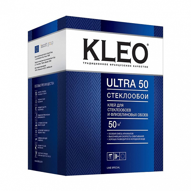 Клей KLEO ULTRA 50 для стеклообоев и флиз. обоев, сыпучий (500г) 12шт/уп