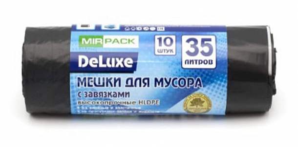 Пакеты д/мусора с завязками 35 л(35мкм) Delux 10 шт рулон черные/25/